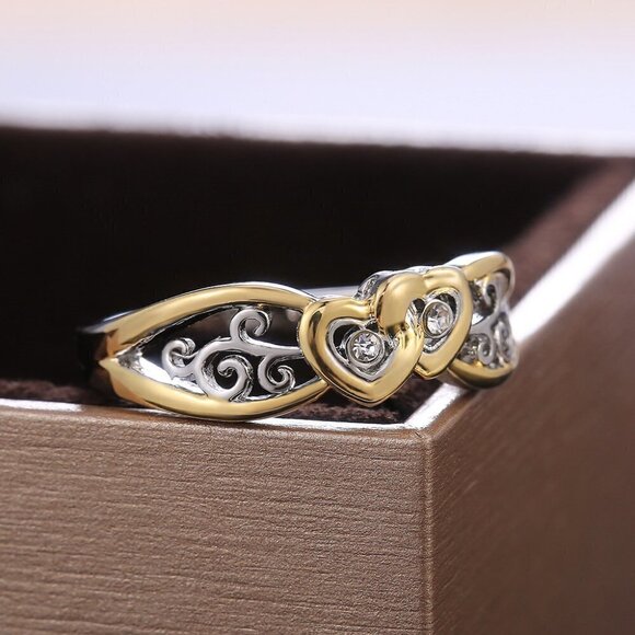 "Lovely Double Heart Carved Flower Two Color Plated Rings for Women, PD697 - Picture 2 of 10